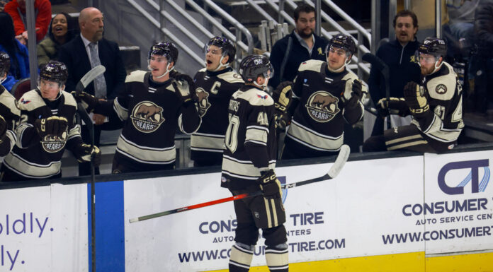 Biggest NHL Prospects 2026-27: Utah Owns Half the Top 10 Hershey Bears center Ilya Protas is congratulated by teammates after scoring a goal against the Cleveland Monsters