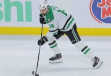 Jamie Benn 1,000 Points: Stars Captain Six Away Jamie Benn carries the puck for the Dallas Stars during the 2026 NHL Playoffs