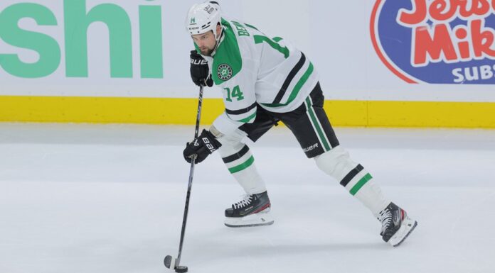 Jamie Benn 1,000 Points: Stars Captain Six Away Jamie Benn carries the puck for the Dallas Stars during the 2026 NHL Playoffs