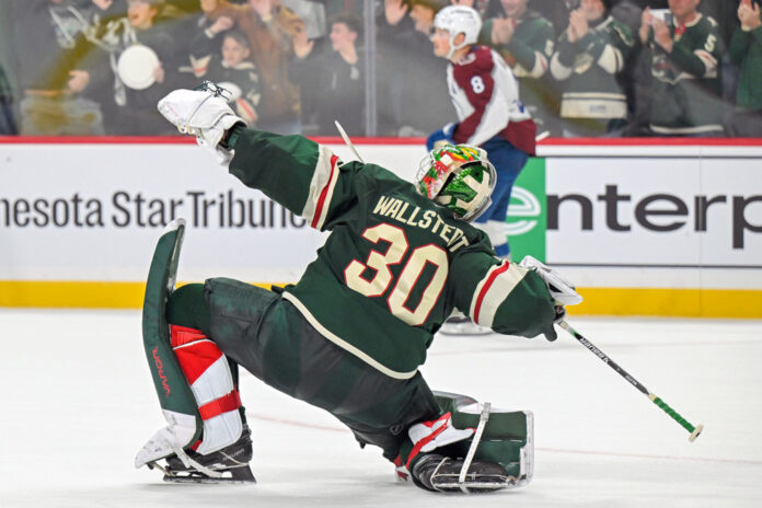 NHL: NOV 28 Avalanche at Wild Jesper Wallstedt celebrates a shootout win for the Minnesota Wild