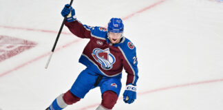 O’Connor’s First Goal in Over a Year Lifts Avs Past Kings Logan O'Connor celebrates goal Avalanche Kings Game 1