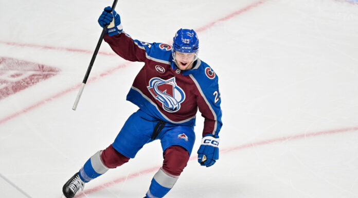 Logan O’Connor Leave: Avs Winger Away After Father’s Death Logan O'Connor celebrates goal Avalanche Kings Game 1