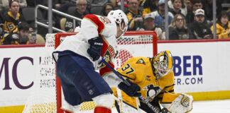 Tkachuk Needed Security and a Cop to Play in Edmonton Matthew Tkachuk of the Florida Panthers presses the net against the Pittsburgh Penguins