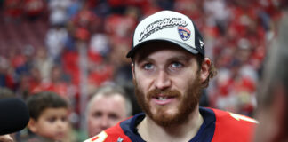 Tkachuk Trade Turns Four, Two Cups for Florida Matthew Tkachuk speaks to reporters after the Florida Panthers win the Stanley Cup at Amerant Bank Arena