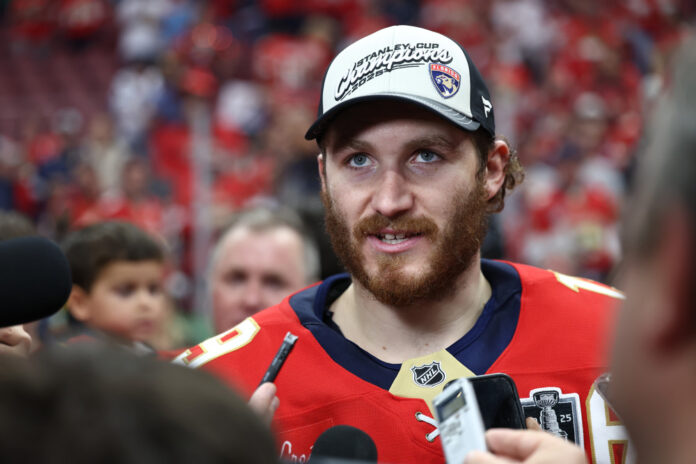 NHL: JUN 17 Stanley Cup Final Oilers at Panthers Matthew Tkachuk speaks to reporters after the Florida Panthers win the Stanley Cup at Amerant Bank Arena