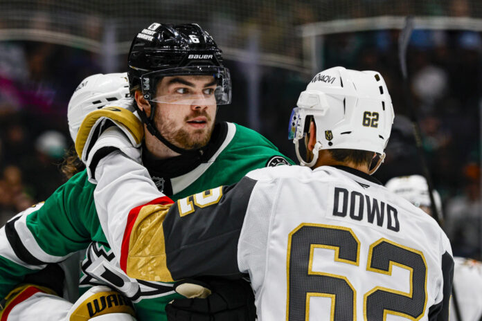 NHL: MAR 10 Golden Knights at Stars Vegas Golden Knights center Nic Dowd shoving match scrum