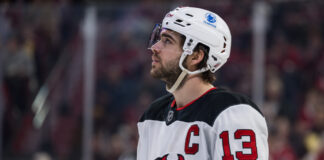 Nico Hischier Helps Rescue Family From Aare River Nico Hischier of the New Jersey Devils looks on during a game at the Bell Centre