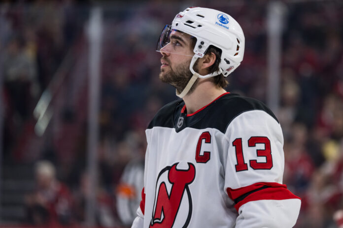 NHL: APR 05 Devils at Canadiens Nico Hischier of the New Jersey Devils looks on during a game at the Bell Centre