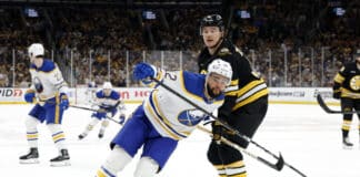 Zadorov Fined Maximum $5K for Cross-Check on Dahlin in Game 4 Nikita Zadorov 91 Boston Bruins defends Jordan Greenway 12 Buffalo Sabres Game 3 Stanley Cup Playoffs First Round TD Garden April 2026