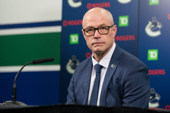 NHL: MAR 20 Sabres at Canucks Patrik Allvin at a Vancouver Canucks press conference