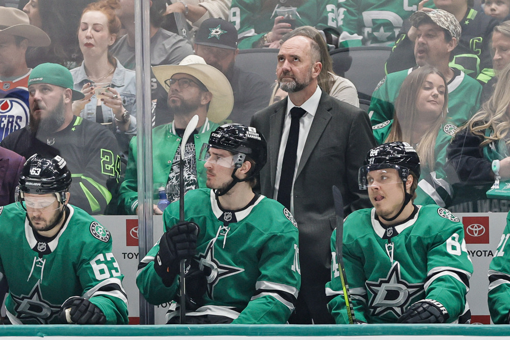 Pete DeBoer coaches the Dallas Stars from the bench during a Western Conference Final game