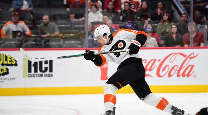Calder Trophy 2026-27: Martone and McKenna Lead the Race Porter Martone takes a shot on goal during his NHL debut for the Flyers at Capital One Arena
