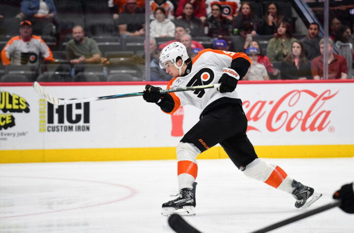 NHL: MAR 31 Flyers at Capitals Porter Martone takes a shot on goal during his NHL debut for the Flyers at Capital One Arena
