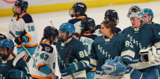 PWHL Ownership: League Shuts Down Mark Walter Sale Talk New York Sirens and Seattle Torrent players shake hands after a PWHL Takeover Tour game
