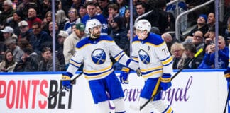 Buffalo Sabres center Tage Thompson celebrates after scoring a goal against the Toronto Maple Leafs