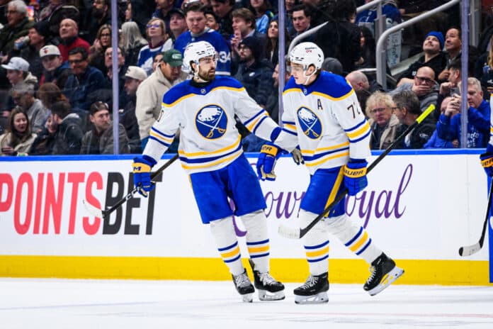 NHL: JAN 27 Sabres at Maple Leafs Buffalo Sabres center Tage Thompson celebrates after scoring a goal against the Toronto Maple Leafs