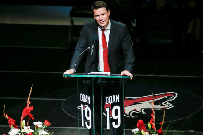 NHL: FEB 24 Jets at Coyotes Arizona Coyotes former captain Shane Doan speaks during his jersey retirement ceremony