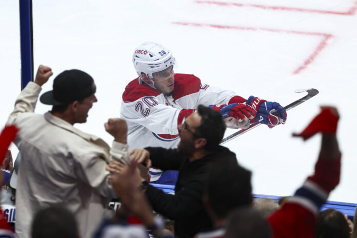 NHL: APR 19 Playoffs First Round Canadiens at Lightning Juraj Slafkovsky overtime celebration Canadiens Lightning Stanley Cup Playoffs Game 1 2026