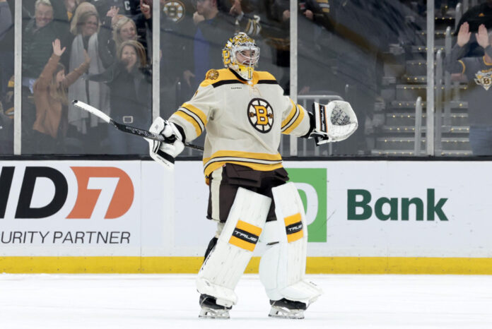 Jeremy Swayman Bruins Boston Bruins goalie Jeremy Swayman reacts at TD Garden