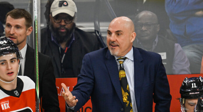 Tocchet on Michkov Comments: ‘I Would Take That Back’ Philadelphia Flyers head coach Rick Tocchet reacts during the game between the Philadelphia Flyers and the Carolina Hurricanes on April 13th, 2026 at the Xfinity Live Arena in Philadelphia, PA