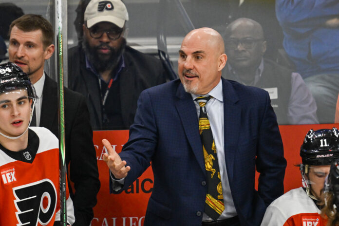 Rick Tocchet Flyers vs Hurricanes April 2026 Philadelphia Flyers head coach Rick Tocchet reacts during the game between the Philadelphia Flyers and the Carolina Hurricanes on April 13th, 2026 at the Xfinity Live Arena in Philadelphia, PA