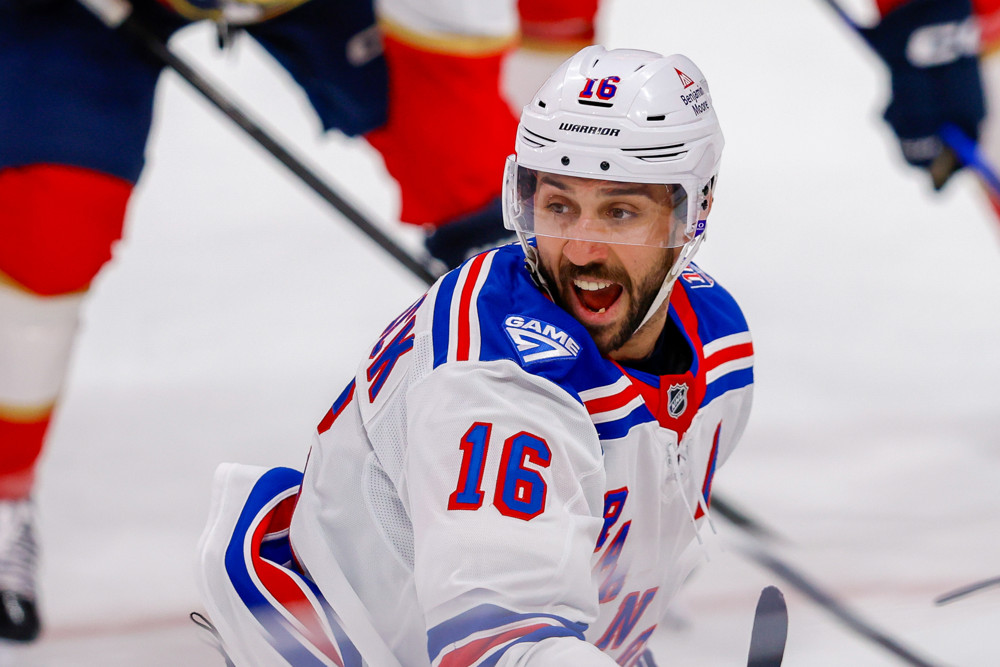Vincent Trocheck celebrating in a New York Rangers jersey