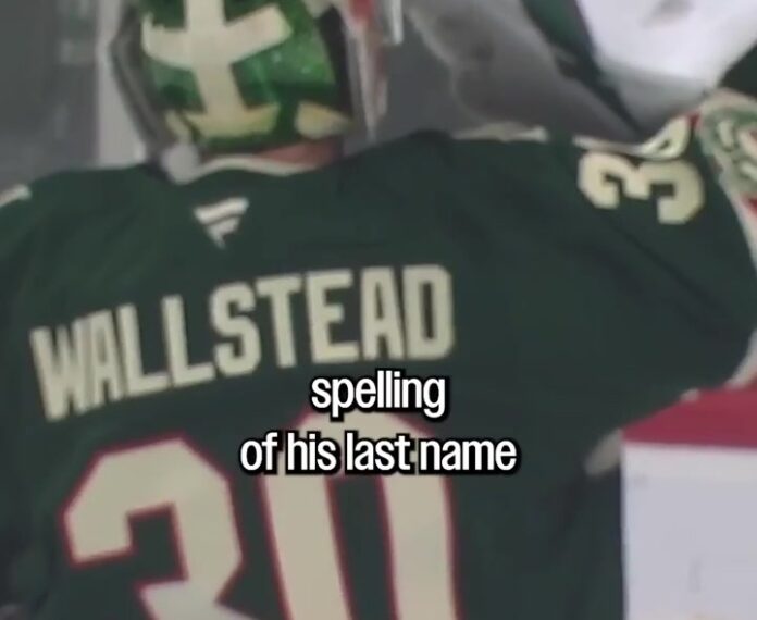 wallstedt_misspelled_jersey_wallstead Jesper Wallstedt Minnesota Wild jersey with misspelled nameplate reading Wallstead