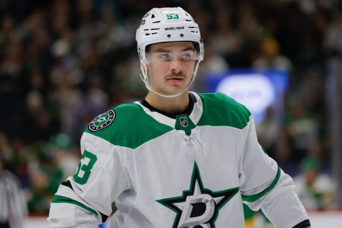 Wyatt Johnston Stars vs Wild Dallas Stars center Wyatt Johnston on the ice against the Minnesota Wild