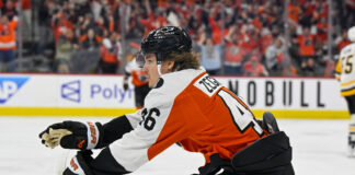 Shoulder Check Showcase Draws 26 Players to NHL Network Debut Philadelphia Flyers center Trevor Zegras celebrates his first career Stanley Cup Playoffs goal during Game 3 against the Pittsburgh Penguins at Xfinity Mobile Arena