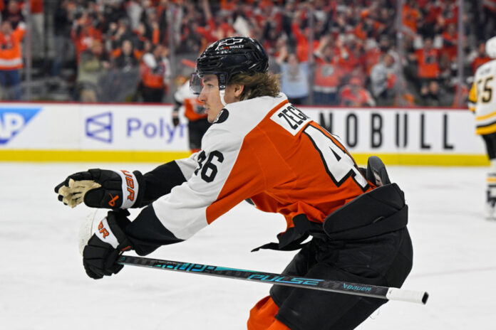 Trevor Zegras Flyers Game 3 Goal Celebration 2026 Philadelphia Flyers center Trevor Zegras celebrates his first career Stanley Cup Playoffs goal during Game 3 against the Pittsburgh Penguins at Xfinity Mobile Arena