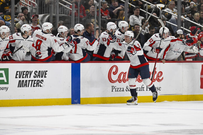 Ryan Leonard Capitals Celebrates Goal vs Penguins Washington Capitals right wing Ryan Leonard celebrates a goal with the bench during the second period at PPG Paints Arena in Pittsburgh, PA