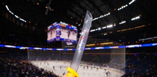 Sabres Bring Back the Beer Sabre for Game 7 vs. Habs Buffalo Sabres beer sabre Labatt 20-ounce plastic sword KeyBank Center Game 7 Canadiens 2026 Stanley Cup Playoffs