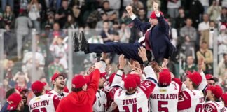 Justin Bailey Leaves NHL, Signs With KHL’s Barys Astana Bob Hartley hoisted in the air by Lokomotiv Yaroslavl players after winning the 2026 Gagarin Cup