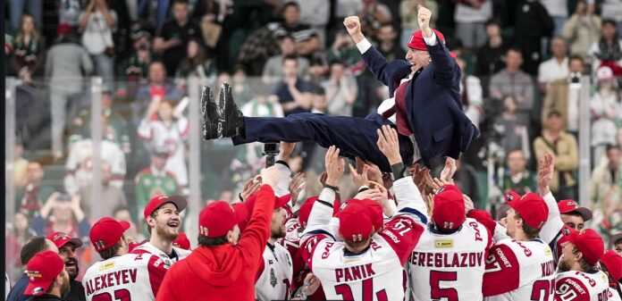 Bob Hartley Retirement Lokomotiv Gagarin Cup 2026 Bob Hartley hoisted in the air by Lokomotiv Yaroslavl players after winning the 2026 Gagarin Cup