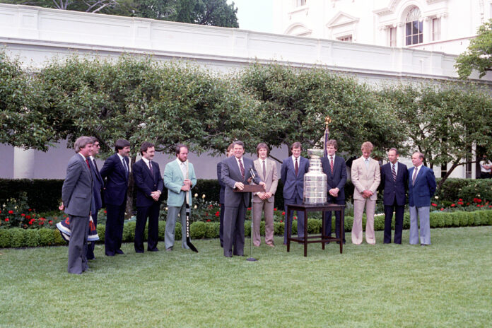 President Reagan meets 1983 Stanley Cup champion New York Islanders President Ronald Reagan meeting the 1983 Stanley Cup champion New York Islanders in the Rose Garden, the team Paul Boutilier won his Cup ring with