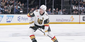 Knights’ McNabb Has Hearing for Hit on Poehling Brayden McNabb Vegas Golden Knights defenseman skates with puck NHL Stanley Cup Playoffs