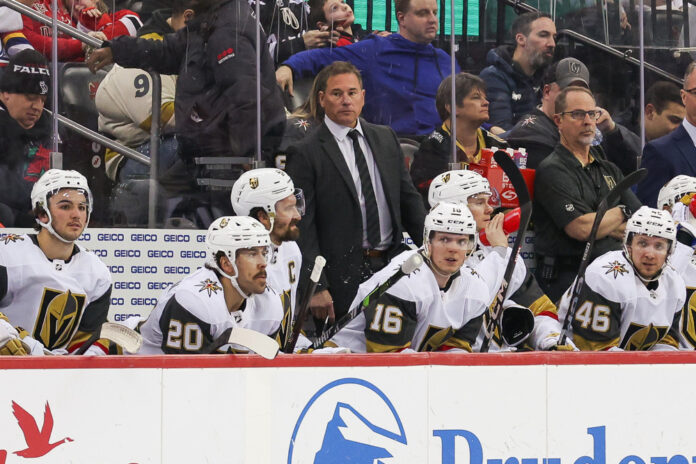 Bruce Cassidy Vegas Golden Knights head coach 2024 Vegas Golden Knights head coach Bruce Cassidy looks on during a game between the Golden Knights and New Jersey Devils on January 22, 2024 at Prudential Center in Newark, New Jersey.