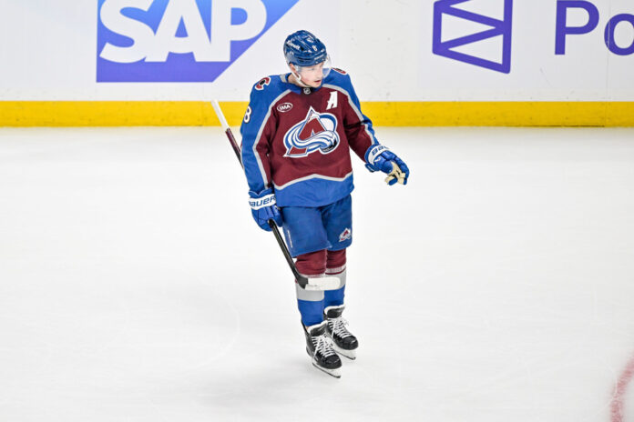 Cale Makar celebrates goal vs Wild Game 1 2026 Stanley Cup Playoffs Cale Makar 8 Colorado Avalanche celebrates second goal third period Game 1 Second Round 2026 Stanley Cup Playoffs Ball Arena