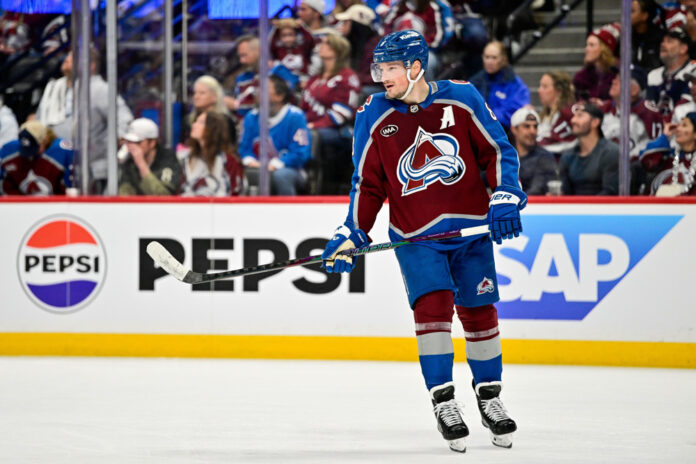 Cale Makar Avalanche skates third period Game 5 vs Wild May 2026 Colorado Avalanche defenseman Cale Makar 8 skates during a break in play third period Game 5 Stanley Cup Playoffs Second Round Wild vs Avalanche Ball Arena Denver May 13 2026