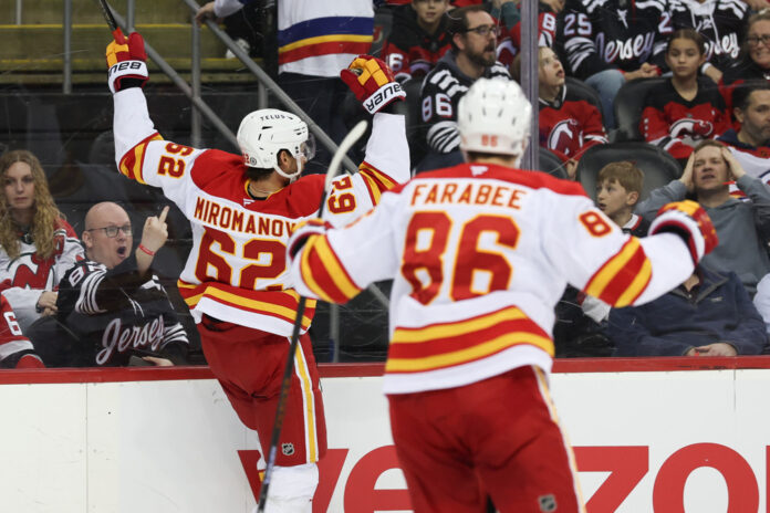 NHL: MAR 20 Flames at Devils Calgary Flames defenseman Daniil Miromanov celebrates after scoring a goal against the New Jersey Devils on March 20, 2025