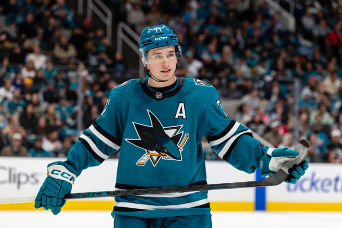 NHL: APR 11 Canucks at Sharks Macklin Celebrini San Jose Sharks alternate captain A patch home jersey