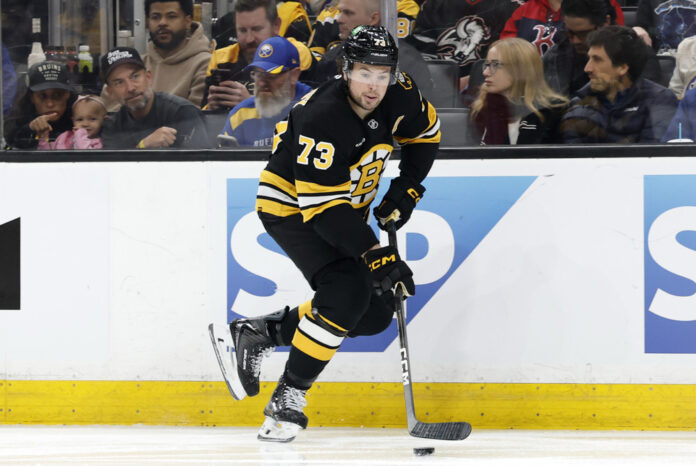 NHL: MAY 01 Playoffs First Round Sabres at Bruins Charlie McAvoy carries the puck for the Boston Bruins during Game 6 vs the Sabres