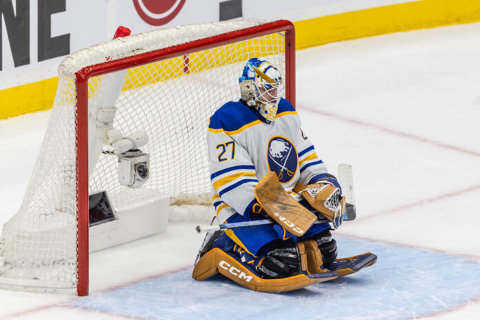 Devon Levi Sabres net break Dec 2024 Buffalo Sabres goaltender Devon Levi during an NHL game at Scotiabank Arena