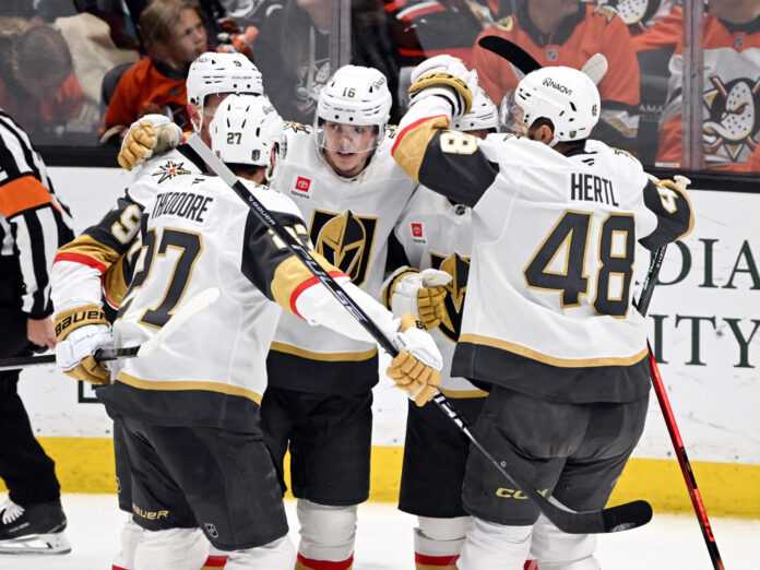 Pavel Dorofeyev celebrates with Vegas Golden Knights teammates 2026 playoffs Vegas Golden Knights right wing Pavel Dorofeyev celebrates with teammates after scoring a goal during Game 4 of the 2026 NHL Stanley Cup Playoffs Second Round against the Anaheim Ducks at Honda Center