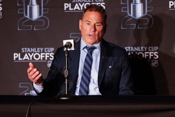 NHL: APR 24 Stanley Cup Playoffs First Round Golden Knights at Wild Vegas Golden Knights head coach Bruce Cassidy talks at a press conference during the 2025 Stanley Cup Playoffs at Xcel Energy Center