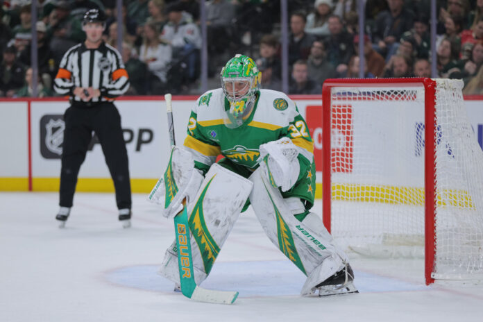 Filip Gustavsson Minnesota Wild goaltender focuses third period Minnesota Wild goaltender guards the net at Xcel Energy Center