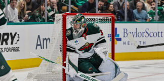 Minnesota Wild goaltender Filip Gustavsson tends net during a game in Dallas on April 9, 2026