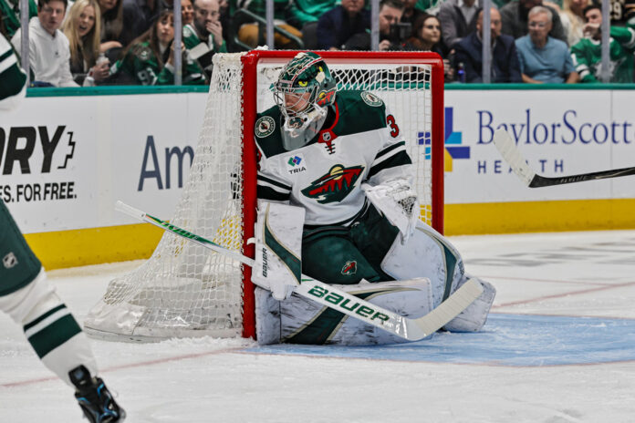 Filip Gustavsson Minnesota Wild goaltender April 9 2026 Minnesota Wild goaltender Filip Gustavsson tends net during a game in Dallas on April 9, 2026