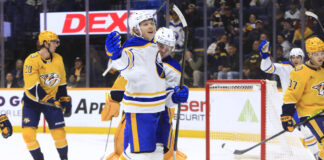 Konsta Helenius a Sleeper Calder Pick for Sabres in 2026-27 Buffalo Sabres center Konsta Helenius celebrates a goal during NHL game vs Nashville Predators at Bridgestone Arena