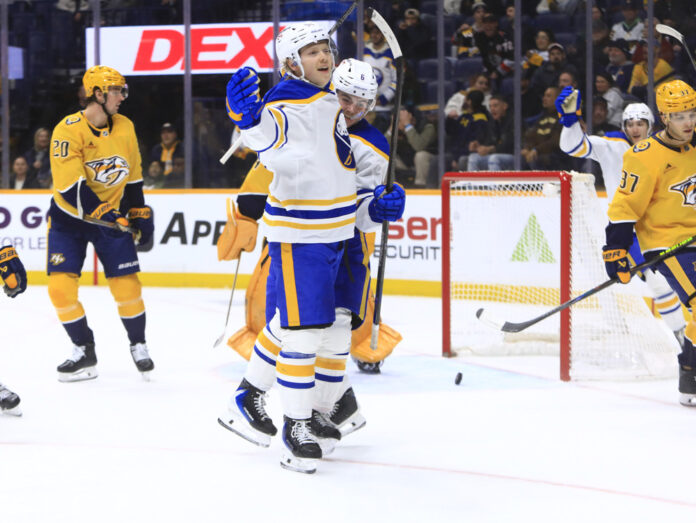 NHL: JAN 20 Sabres at Predators Buffalo Sabres center Konsta Helenius celebrates a goal during NHL game vs Nashville Predators at Bridgestone Arena